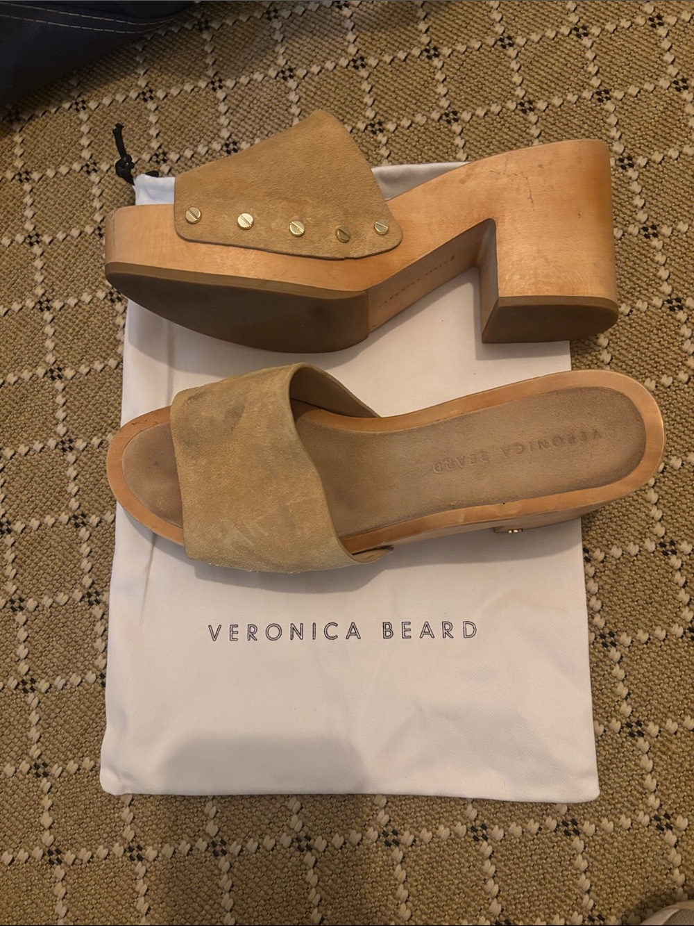 Veronica Beard Tan Suede Wood Platform Mules with Gold Studs